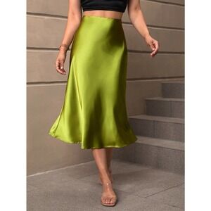 High Waist Satin midi Skirt lime green
